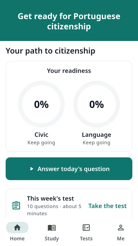 Home screen with your readiness for each test