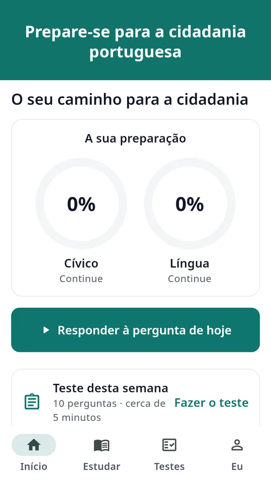 Ecrã inicial com a sua preparação para cada teste